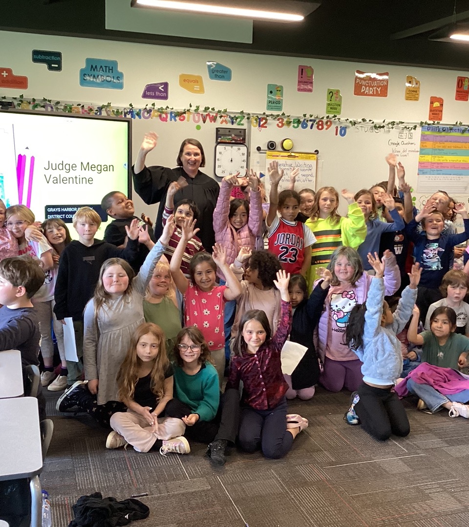 Judge Valentine visiting a 2nd-grade classroom at Lincoln School in Hoquiam