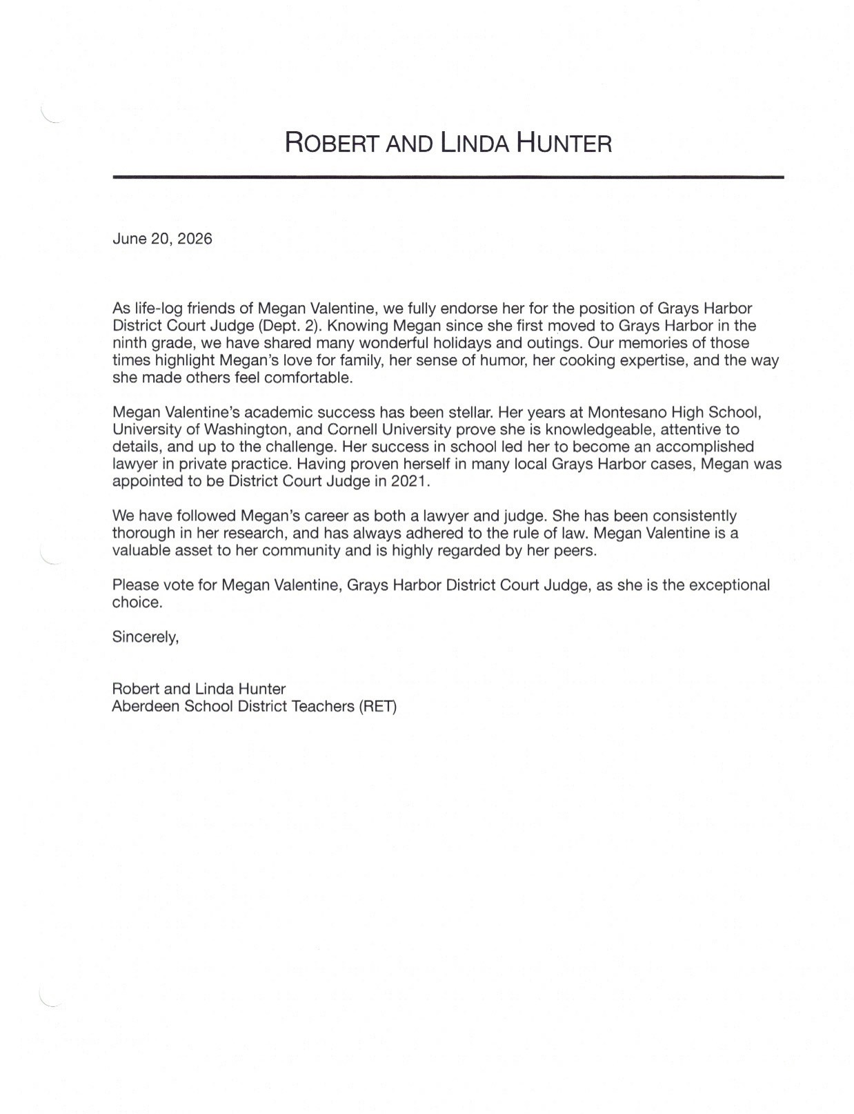 Robert & Linda Hunter endorsement